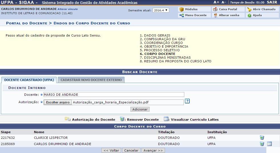 Corpo Docente do Curso Nesta tela, o usuário poderá cadastrar o corpo docente que fará parte do curso.