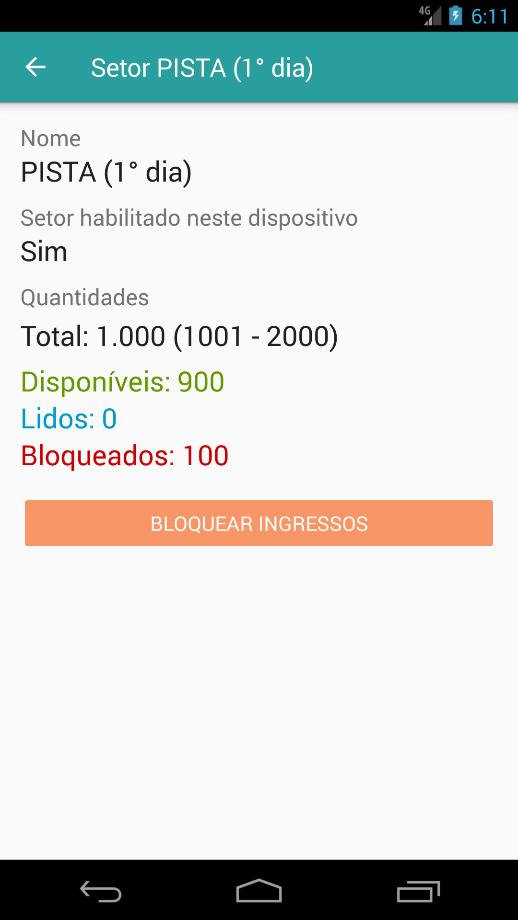 5 Tela de detalhe do setor e bloqueio de ingressos Para ver os detalhes de cada setor, toque em cima do nome do setor na tela de listagem.