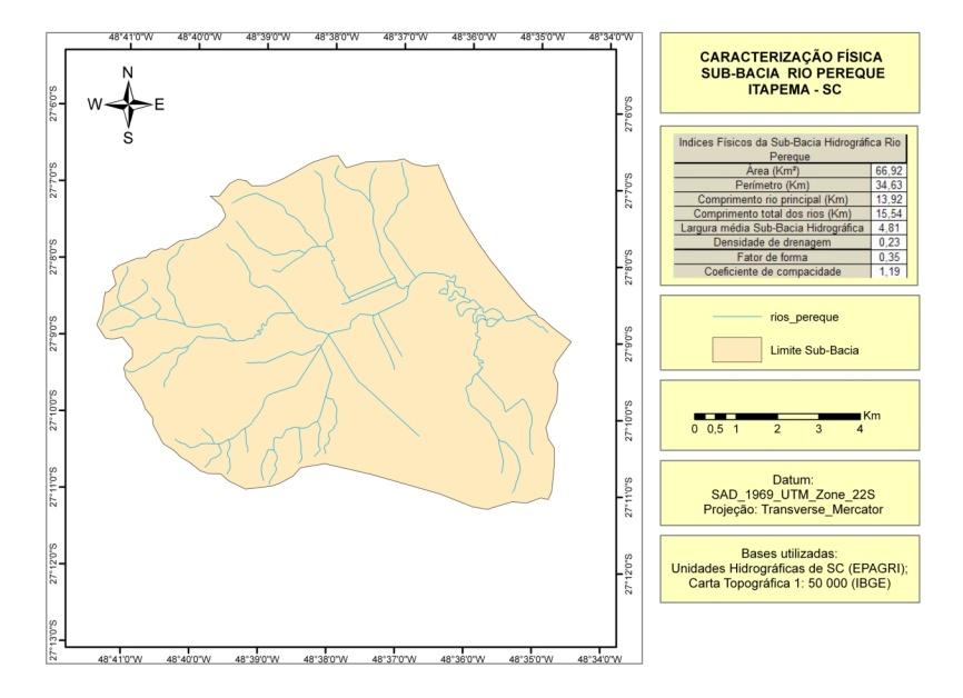 Figura 8 - Sub-Bacia Hidrográfica do rio Perequê Tabela 3 - Resumo dos índices físicos da Sub-Bacia do rio Perequê Índices Físicos da Sub-Bacia Hidrográfica Rio Perequê Área (Km²) 66,92 Perímetro