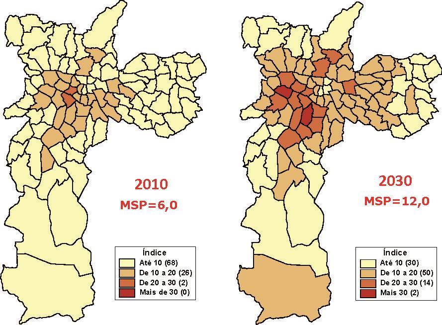 Mapa 1 Índice de envelhecimento populacional Município de São Paulo 2010-2030 Fonte: Fundação Seade.
