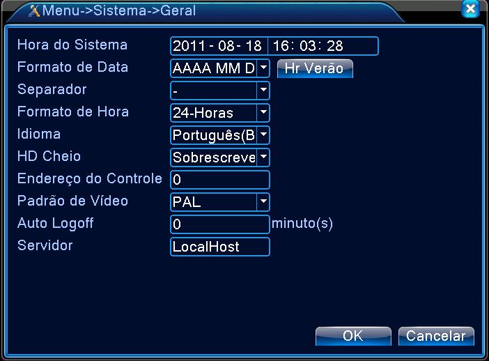 4.4.1 Geral Figura 4.13 Configuração geral Hora do Sistema Definir a data e a hora do sistema. Formato de Data Escolher o formato da data: AMD, MDA, DMA.