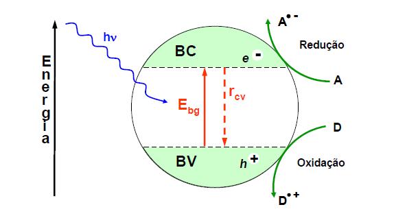 26 bandgap (Ebg) do semicondutor, um elétron (e-) é promovido da BV para a BC, gerando um buraco eletrônico (h+) na banda de valência (Figura 4).