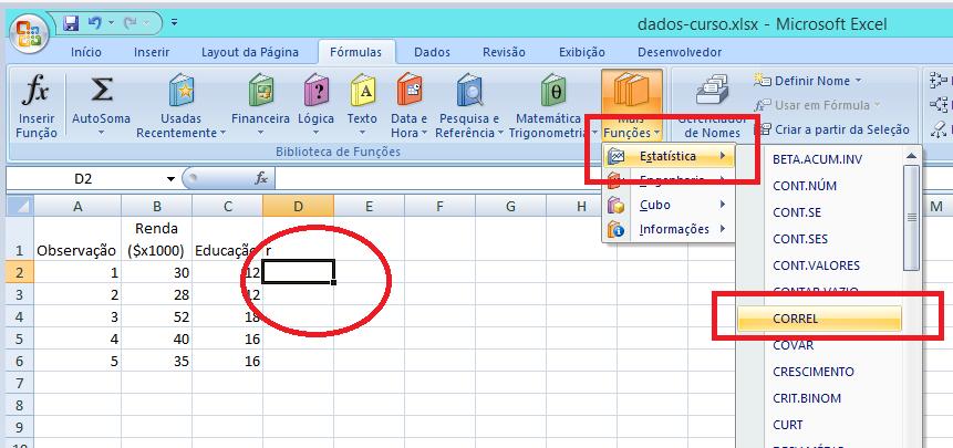 EXERCÍCIO 01: Cálculo da correlação, r, para as amostras de dados de renda e educação (anos de estudos).