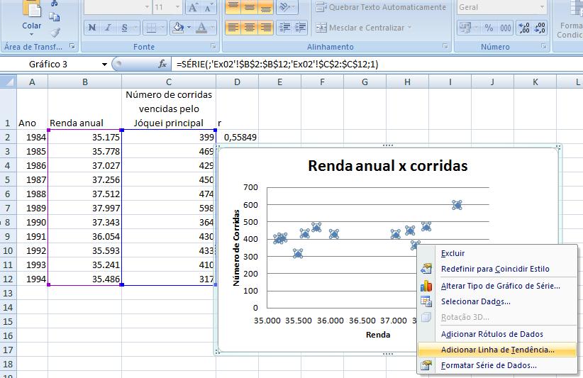 É possível, no mesmo gráfico de dispersão, inserir a reta de regressão de uma variável em relação à outra