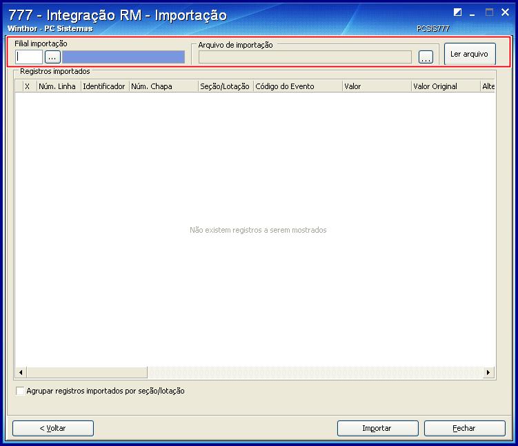 3.2 Selecione Filial importação e o Arquivo importação e clique em Ler Arquivo. Observação: Por padrão, os registros a serem importados serão exibidos marcados.