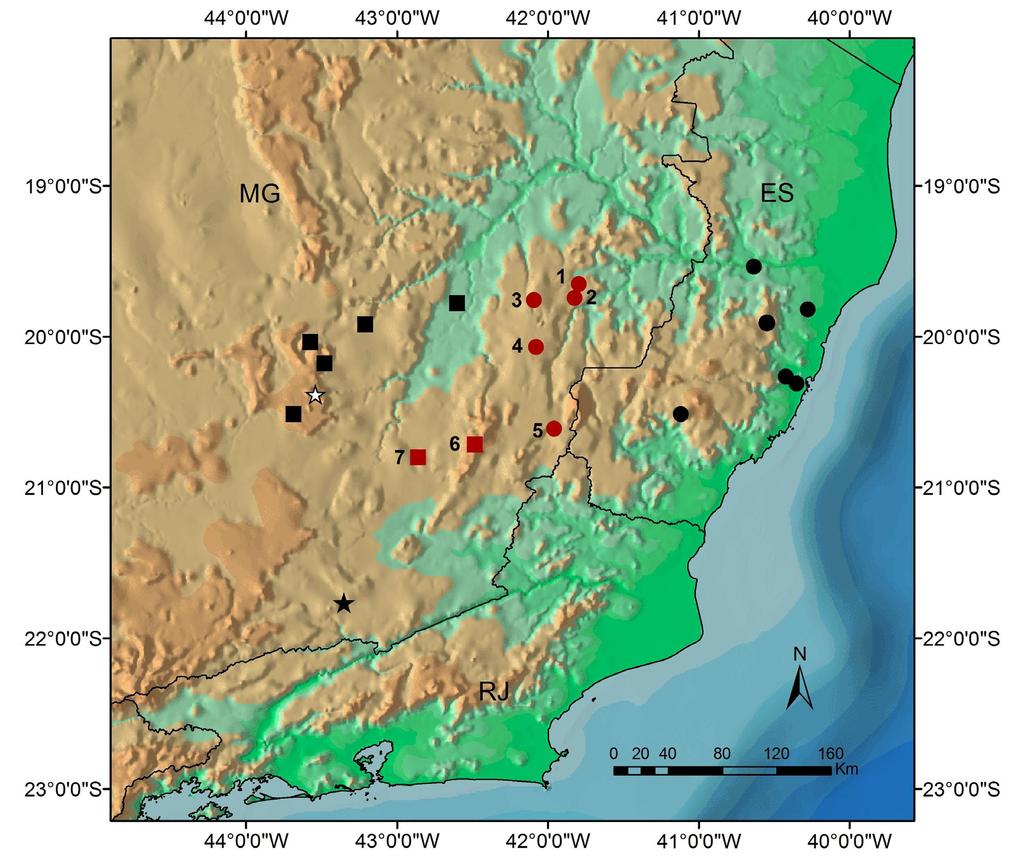 Figure 4. Detail of the Southeast of Brazil where Ischnocnema surda (squares and white star) and I.