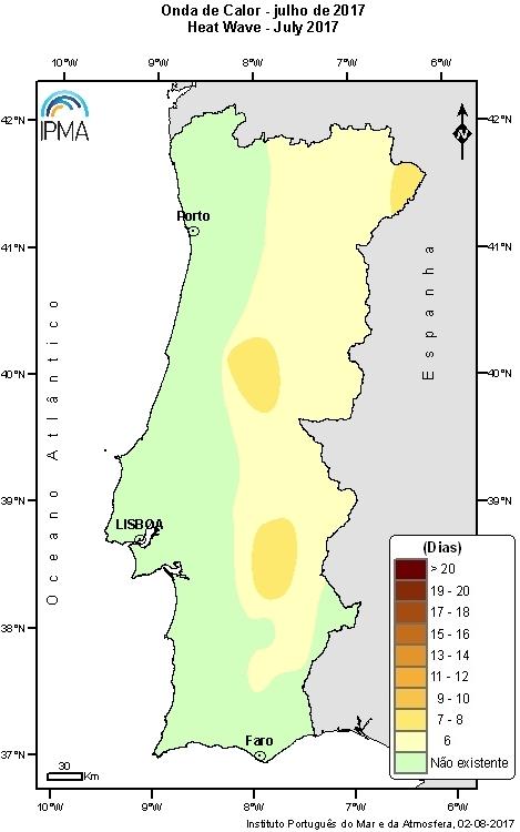 Figura 5 Representação espacial da duração da onda de calor (dias), 12 a 17 de julho 2017 Estação Meteorológica Tabela 1 Onda de calor em julho 2017 Nº dias onda de calor Dias Miranda do Douro 7