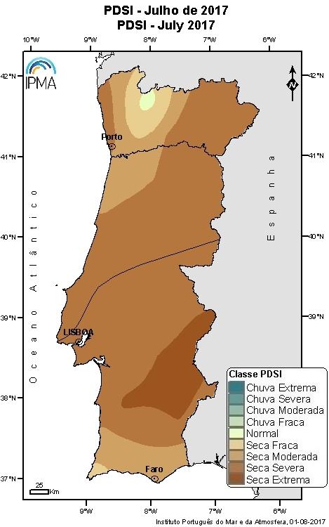 Figura 6 - Anomalias da quantidade de precipitação em relação aos valores médios no período 1971-2000, em julho, em Portugal continental.