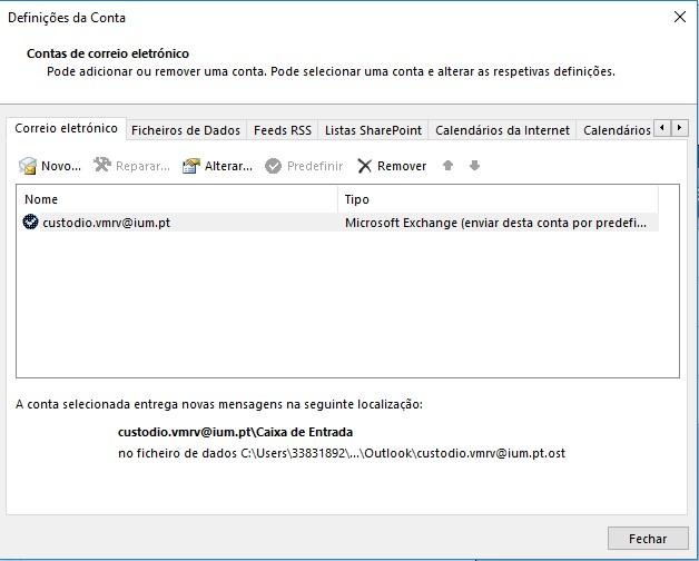 Configuração do Outlook A configuração da conta de correio do IUM pode