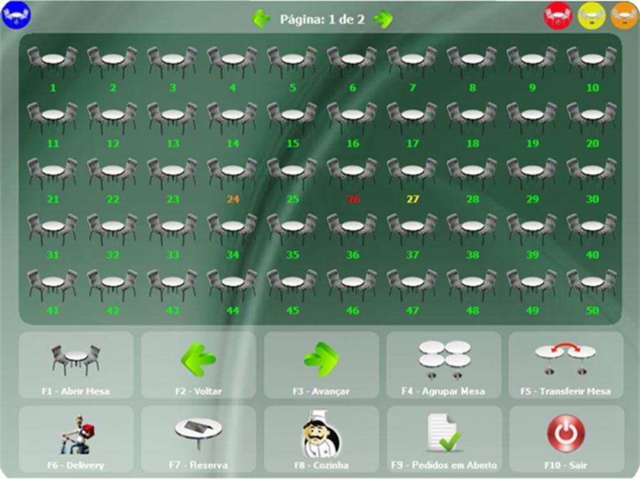 LEDCHEF CONTROLE DE MESAS Controle de Mesas: Esta tela é o lugar onde será feito todo controle das mesas do estabelecimento, sendo possível ter uma prévia visualização das mesas e seus estados.