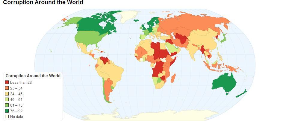 Mapa de percepção da corrupção no Mundo 2014 O CPI (Corruption Perception Index) da ONG Transparency International.