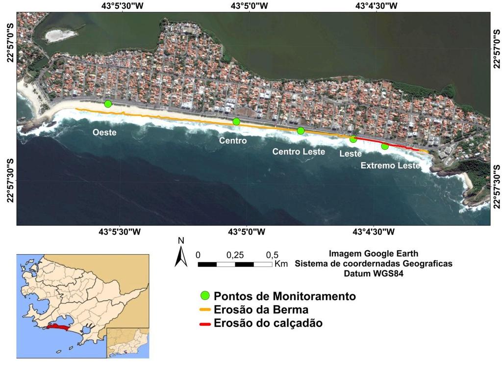 Figura 1: Mapa de localização da área de estudos com os pontos de monitoramento e marcações da colisão de ondas na berma e no calçadão. Imagem de satélite do dia da ressaca de abril de 2016.
