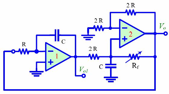(3) OCILADOR EM QUADRATURA O oscilador em quadratura usa dois amplificadores operacionais para produzir simultaneamente duas saídas com sinais senoidais ortogonais, ou seja, em quadratura (seno e