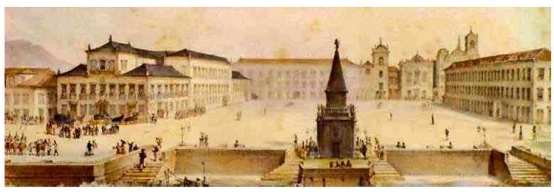 Vista do Largo do Paço Jean Baptiste Debret, c. 1830. O Paço Imperial é o edifício do lado esquerdo do largo.