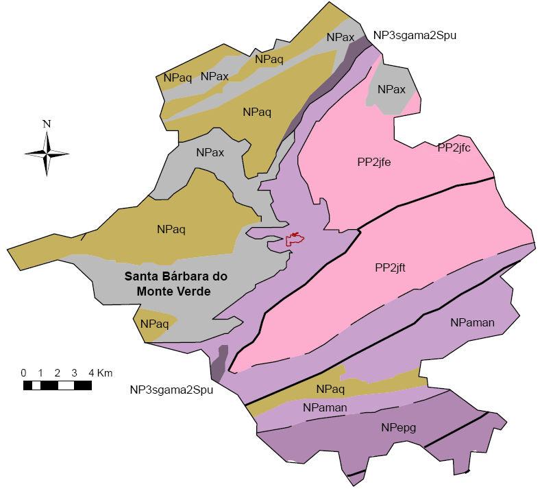 Plano Municipal de Saneamento Básico Santa Bárbara do Monte Verde /MG 32 Figura 4 Mapa geológico do município de Santa Bárbara do Monte Verde Legenda: Mancha urbana Falha ou zona de cisalhamento