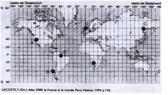 A) B) C) D) E) F) 02 De acordo com o texto e com os conteúdos estudados em sala de aula, explique a importância das latitudes e das longitudes para os Sistemas de Informações Geográficas (SIGS).