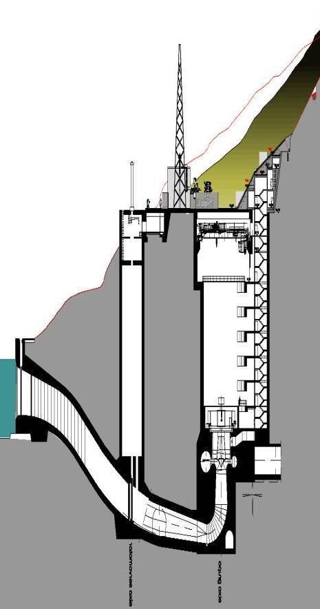 diferentes. Na Figura 3.14 é possível ver que existe um edifício de apoio de montante, que está associado ao átrio de montagem, encaixado na base da encosta à cota da plataforma.