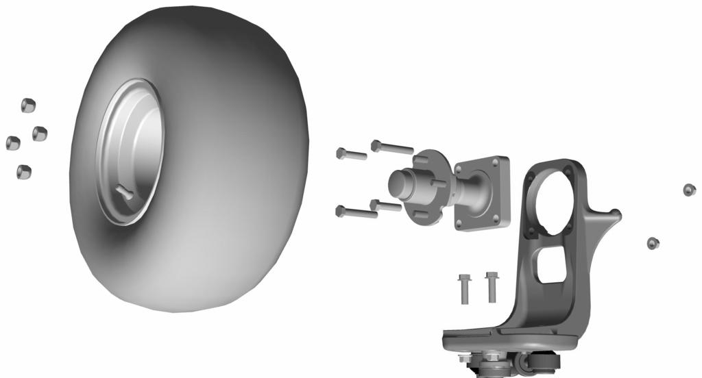 Figura. Porcas de roda. Parafusos. Roda. Forquilha da roda giratória. Conjunto de eixo da roda 6. Ponto de elevação da forquilha da roda giratória.