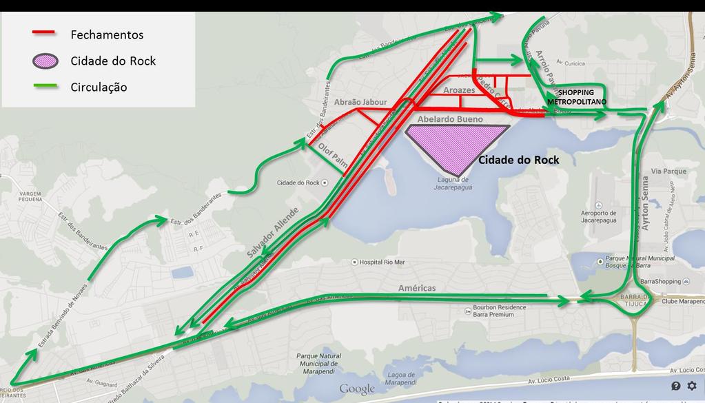 Das 23h50 às 5h todos os dias de evento (15 a 17 e 21 a 24 de setembro) Av. Salvador Allende, sentido Bandeirantes, entre a Av. Célia Ribeiro da Silva Mendes e a Estrada dos Bandeirantes; Av.