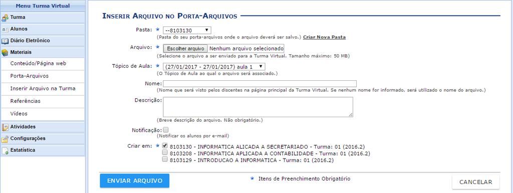 Figura 34: Tela de inserir arquivos na disciplina no