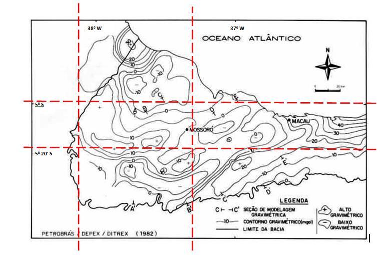 - - + + Figura 3.27 Mapa Bouguer da Bacia Potiguar modificado de Milani & Latgé (1987), em detalhe a área de estudo. 3.2.4 - Análise do Modelo 2D - Seção (A A ) Com objetivo de proceder a calibração dos valores de densidade, foi selecionado o perfil A-A que corresponde à seção geológica (figura 3.