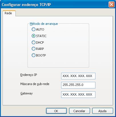 Se tiver um servidor DHCP/BOOTP/RARP na sua rede, não é necessário efectuar o seguinte procedimento. O servidor de impressão obterá automaticamente o próprio endereço de IP.