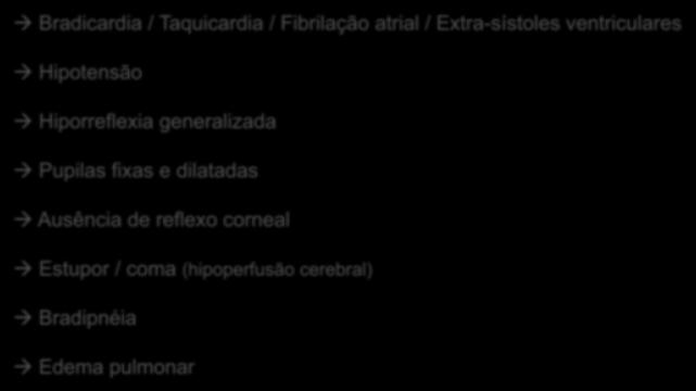 Bradicardia / Taquicardia / Fibrilação atrial / Extra-sístoles ventriculares Hipotensão Hiporreflexia