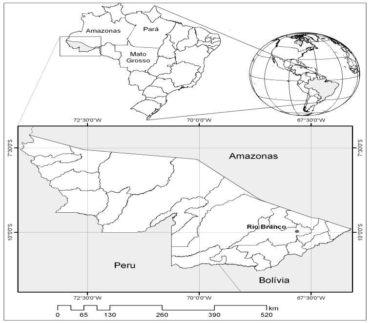 Figura 1. Localização da área do programa (Estado do Acre) em relação ao globo e ao Brasil. 2 SITUAÇÃO DE IMPLEMENTAÇÃO 2.