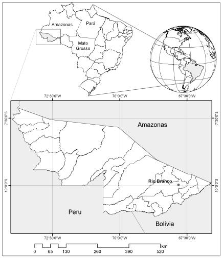 Figure 2 - Localização da área do projeto (Estado do Acre) em relação ao globo e ao Brasil.