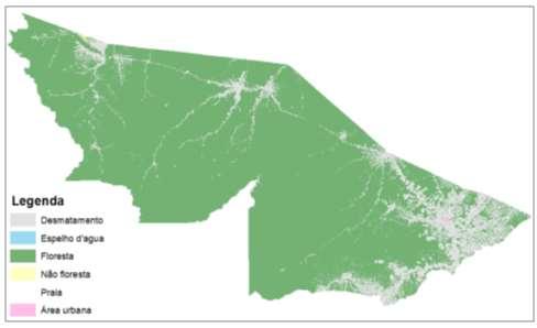 Desta forma, o mapa abaixo foi gerado de forma a apresentar em verde a área florestal do Estado que será considerada para contabilidade de redução de emissões.