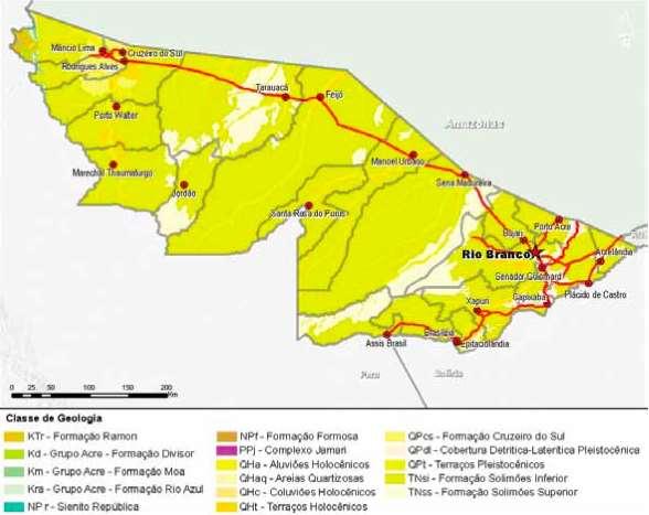 Figure 5 - Distribuição das unidades geológicas no Estado do Acre. Fonte: Base de dados geográficos do ZEE/AC, Fase II, 2006.