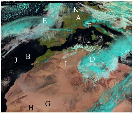 Figura 2 Composição RGB Cor Natural Dia Figura 3 Resposta espectral dos canais para o dia 3 de março de 2004, às 11:27 UTC. da composição Cor Natural Dia e assinaturas de algumas superfícies.