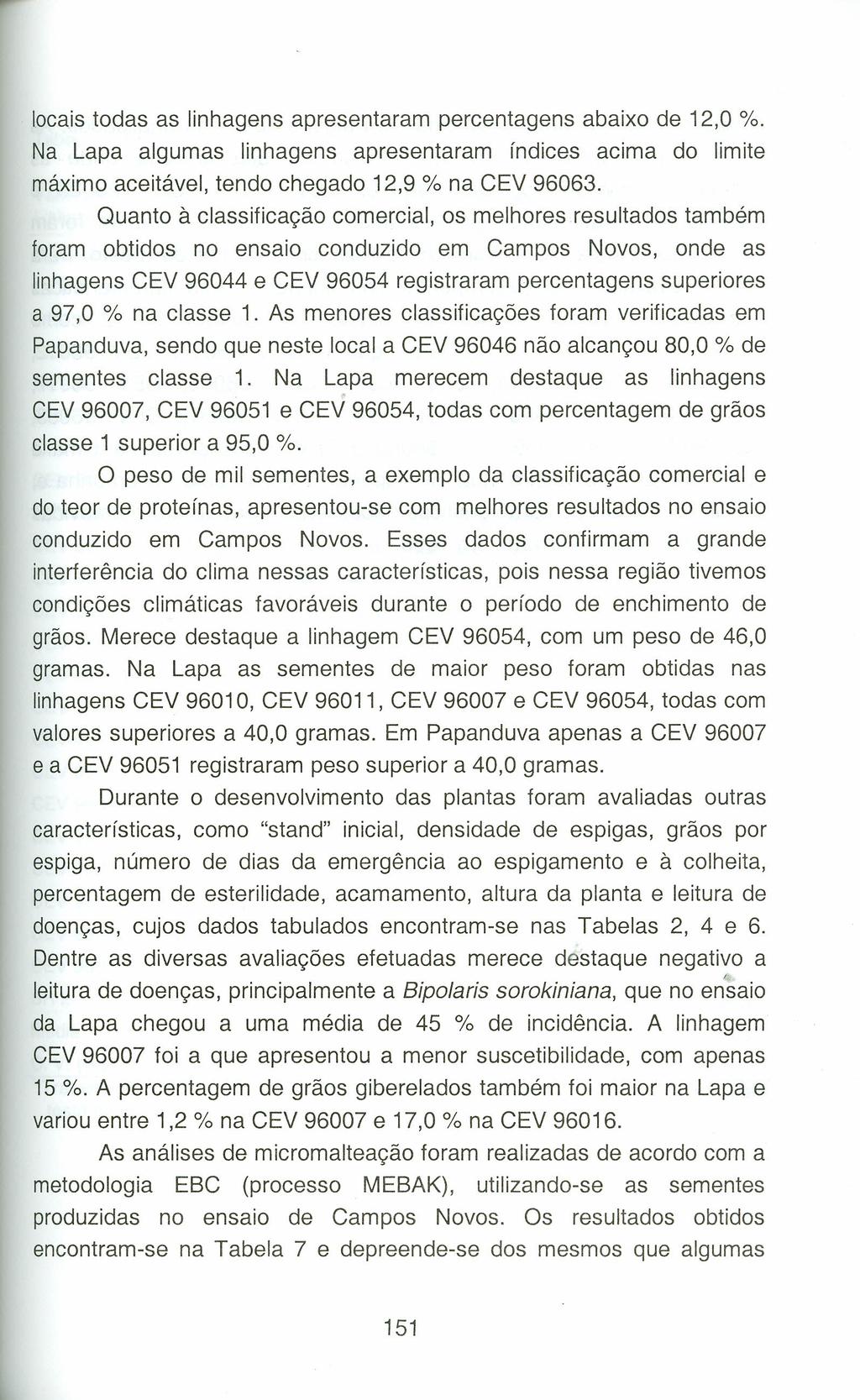 locais todas as linhagens apresentaram percentagens abaixo de 12,0 %. Na Lapa algumas linhagens apresentaram índices acima do limite máximo aceitável, tendo chegado 12,9 % na CEV 96063.