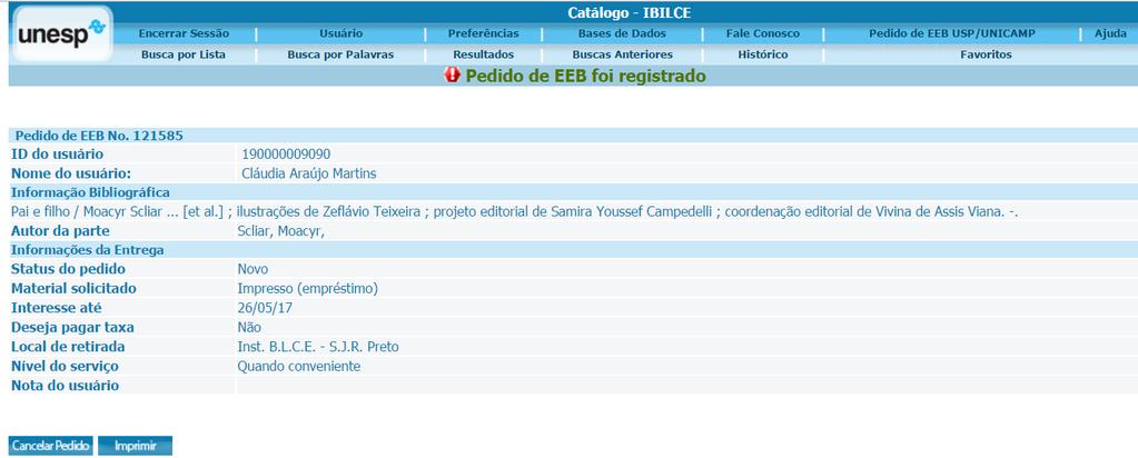 Em seguida, aparecerá uma tela confirmando que seu PEDIDO DE EEB FOI REGISTRADO.