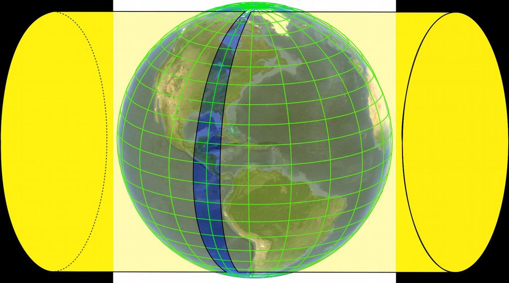 Projeção cilíndrica transversa de Mercator (secante): Cilíndrica, conforme e secante; Só o Meridiano Central e o Equador são linhas retas; Projeção utilizada
