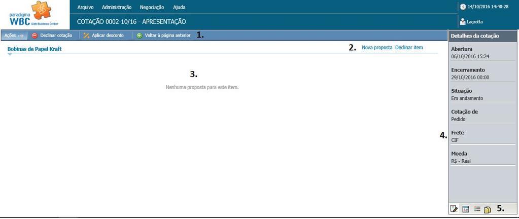 1. Área da barra de ações. Nesta barra estão contidos os botões que podem ser acionados pelo usuário para interagir com as informações contidas na área 3.