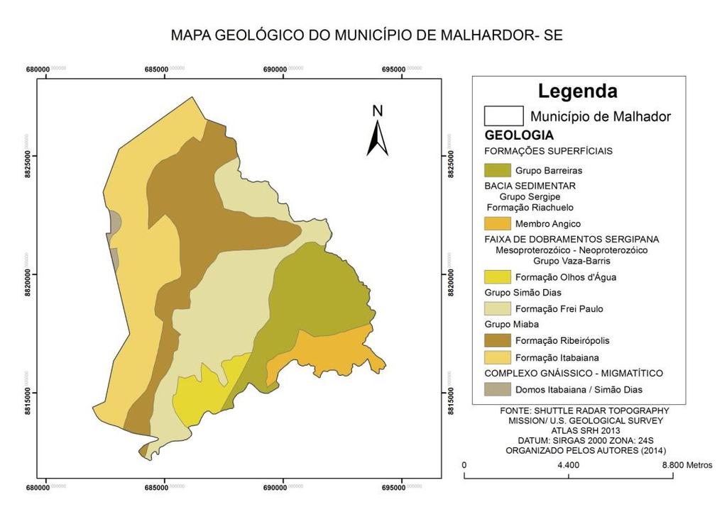 Figura 1: Mapa geológico do município de Malhador-SE RESULTADOS E DISCUSSÃO: Após gerar os mapas hipsométrico e de