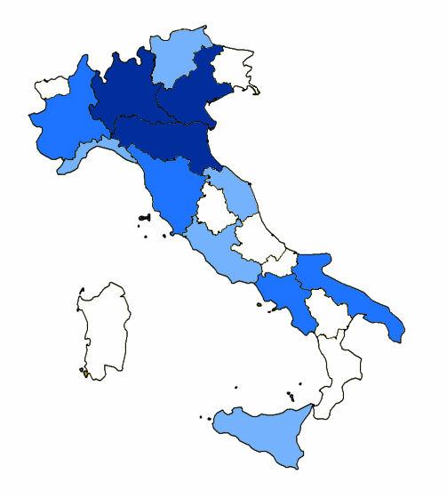 Figura III.2 Localização dos clubes da Serie A (Itália - 2009-10) 1 1 3 2 1 2 3 2 1 1 1 2 PIB por região em dólares (2008) até 68.734,00 de 102.851,00 até 176.399,00 de 68.735,00 até 102.
