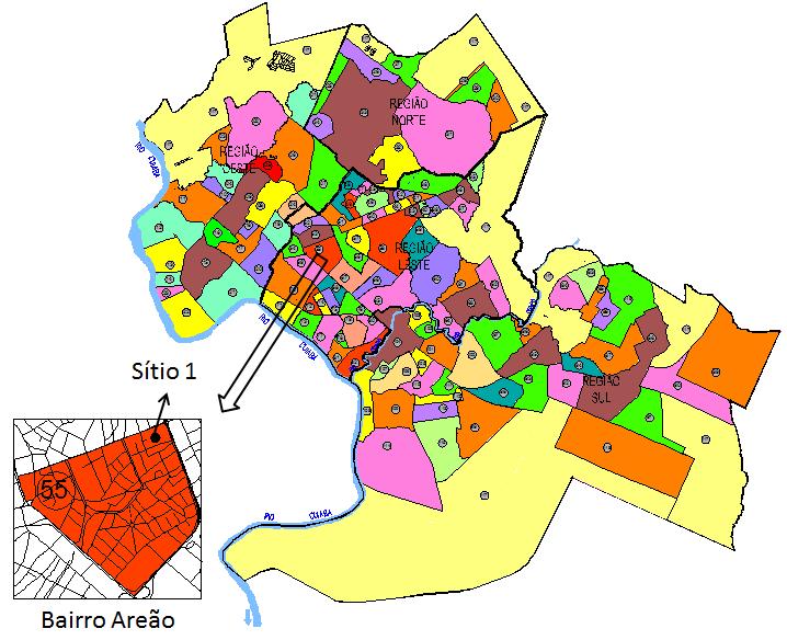 A área urbana selecionada para estudo denominada de Sítio 1 se localiza na região leste da cidade, no bairro Areão (15 35'47,83S, 56 04'45,10W, 196,83m) distante do centro da cidade de