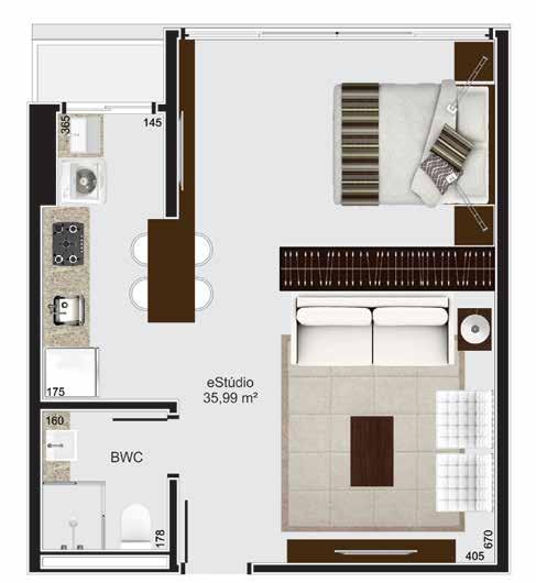 total: 80 m² Área privativa: 52 m² Janela panorâmica Cozinha integrada 1 vaga de garagem A W