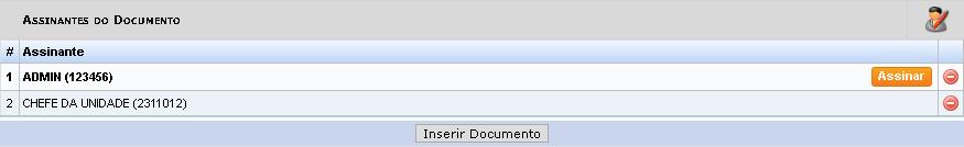 Quando for assinado, é mostrado uma tela para que seja selecionado a função do usuário e sua senha. Para prosseguir como cadastro, clicar em Inserir Documento.