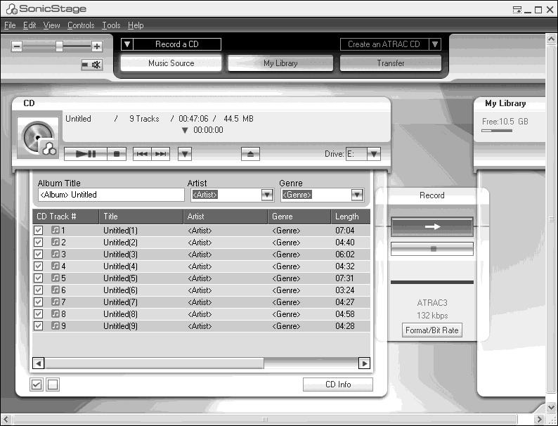 Utilizar SonicStage Importar dados áudio Esta secção explica como gravar e guardar dados áudio de um CD áudio para My Library de SonicStage no disco rígido do computador.