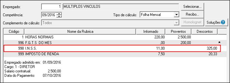 500,00 salário * 9% alíquota do INSS conforme tabela vigente (2016) = R$ 225,00 INSS a descontar do empregado. Valor IRRF = R$ 2.