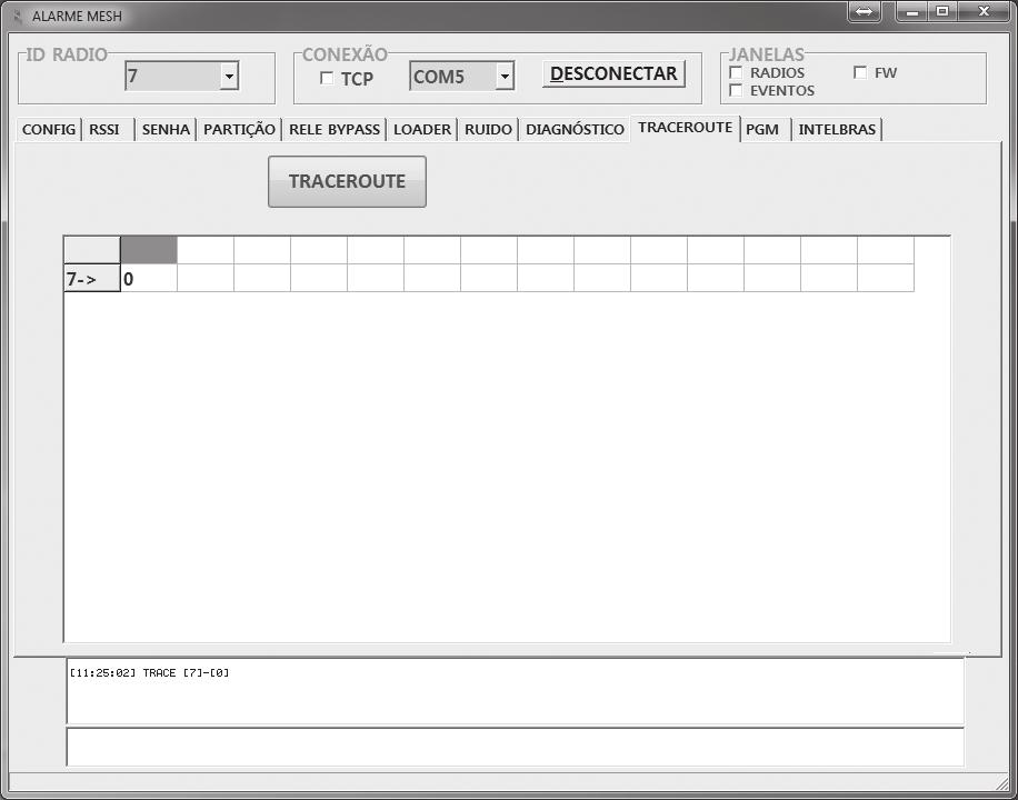 Leitura da rota de um rádio ALARME (apenas via RF) Na aba Traceroute é possível consultar a rota de um determinado rádio.