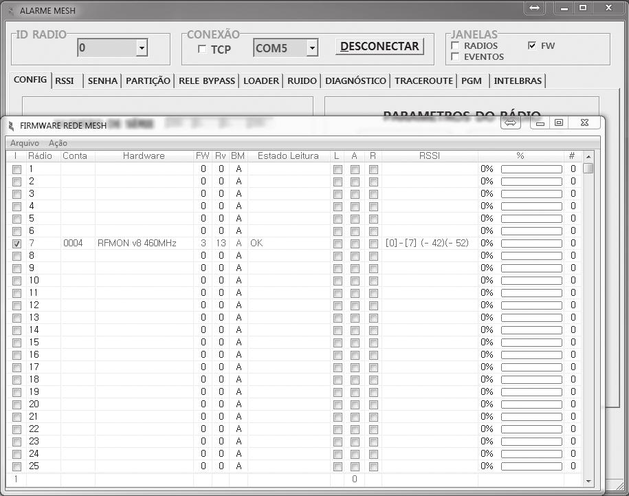 Janela FW (apenas via RF) JANELA FW Ative a janela FW. Para utilizar essa funcionalidade, é necessário ativar no MESTRE a função COMANDOS+EVENTOS (pag. 9). COLUNA I : Instalado.