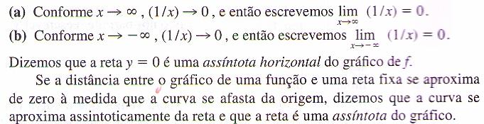 2.2) Assíntotas Horizontais e Verticais: Limites infinitos Analisando f(x) = 1/x da figura ao lado, podemos observar o seguinte comportamento: Analisando melhor a função