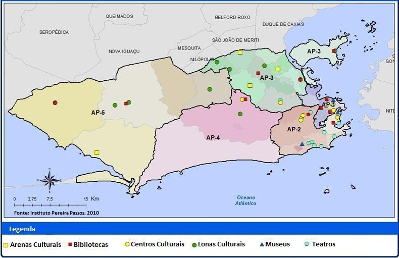 Na Figura 2 registra-se a presença de equipamentos culturais sob a gestão da SMC-RJ em todas as Áreas de Planejamento, mas não em todas as Regiões Administrativas.