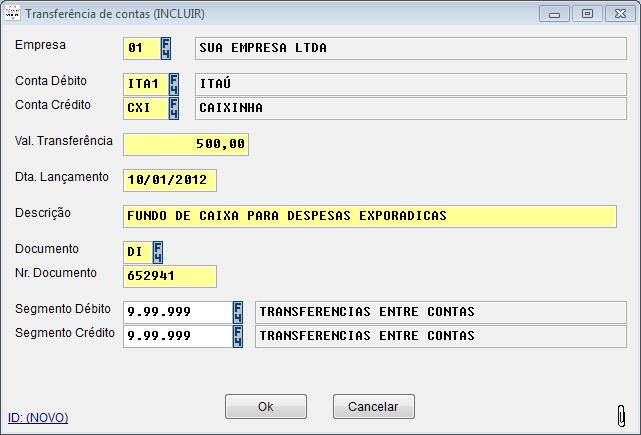 9. Como fazer transferência entre contas do sistema? Na tela transferência entre contas, clique com o botão direito na grade e selecione a opção Incluir.