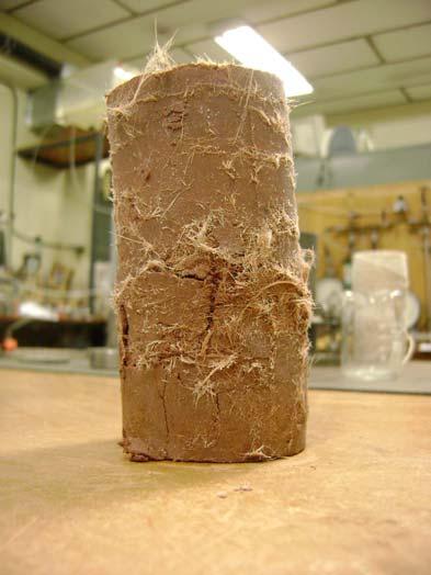 A Figura 5, para comparação, mostra uma amostra rompida de mistura de solo residual de arenito cimentado reforçado com fibras de vidro. Não se verifica um plano de ruptura definido.