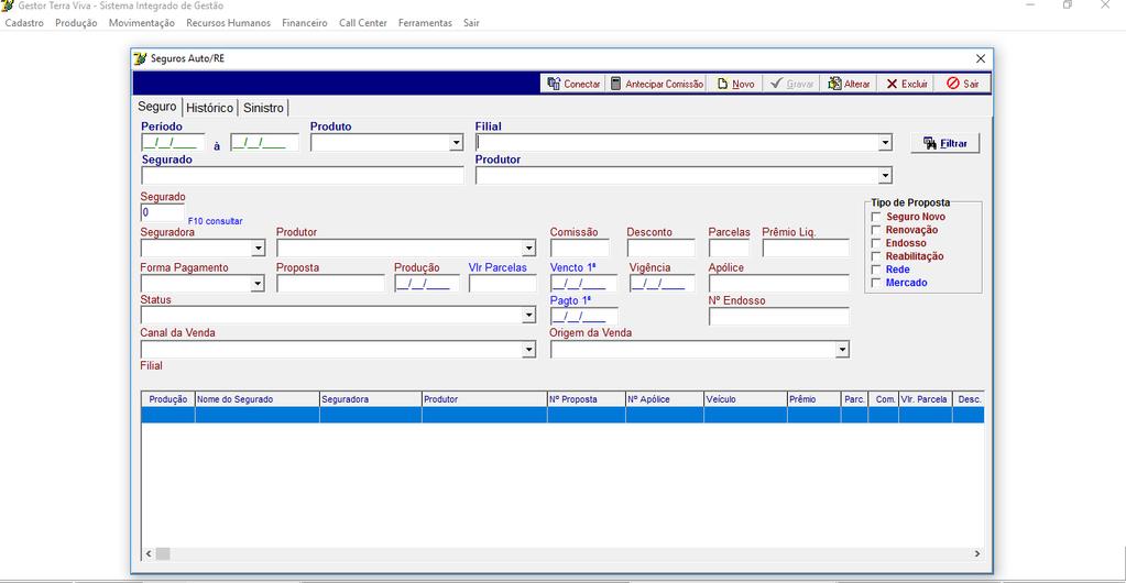 1-Clicar em botão Novo para adicionar uma novo seguro. Clique no botão Antecipar comissão, para antecipar a comissão para o produtor. 2-Preencher os dados necessários do seguro.